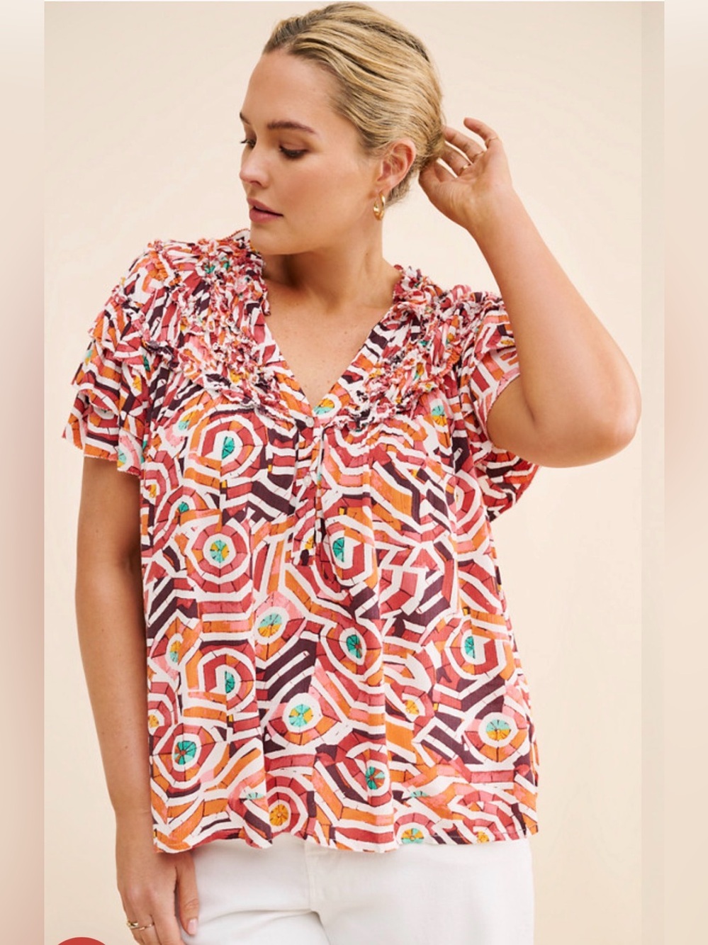 Maeve Multicolor Geometric Short Sleeve Top - Pink, Rust & Teal